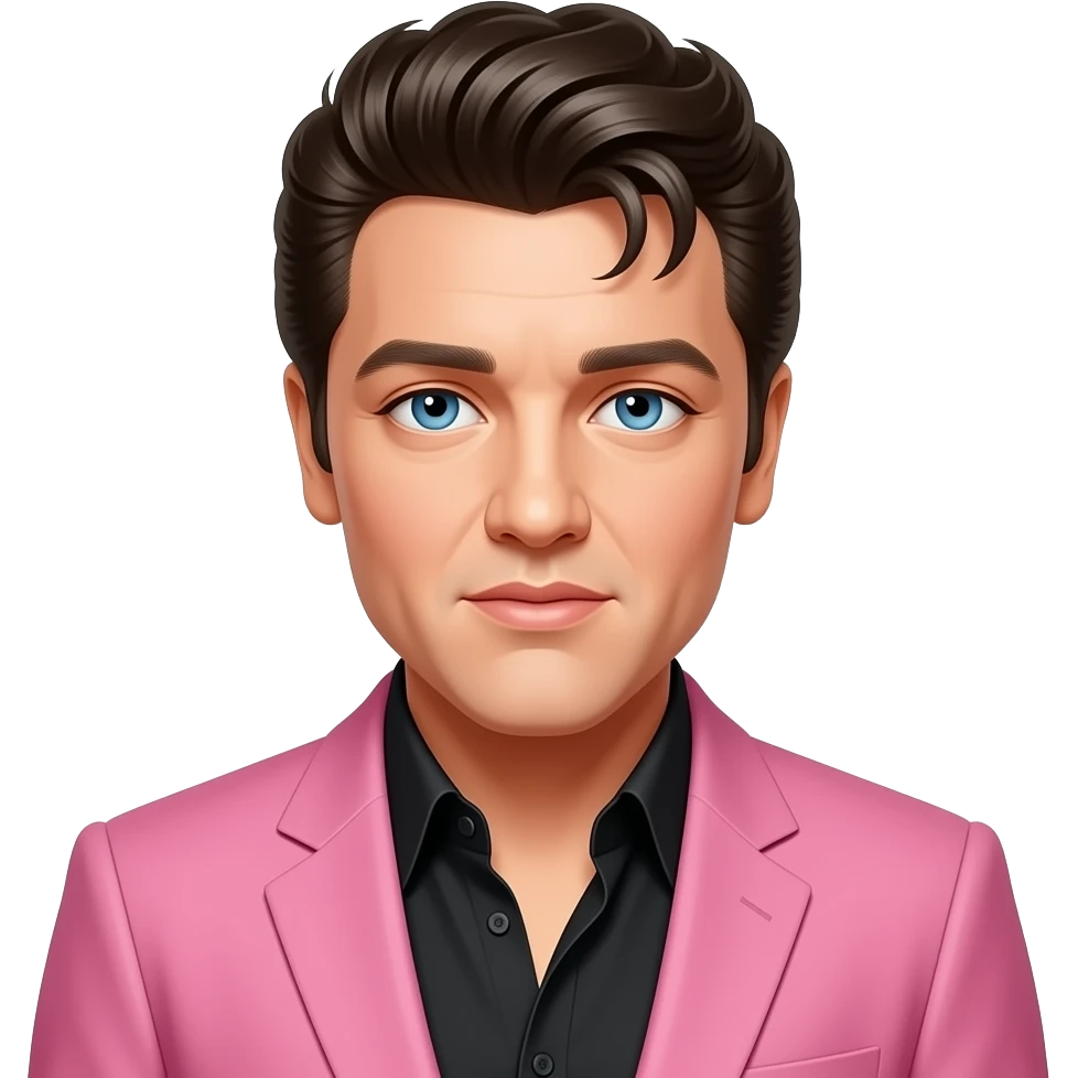 Elvis Presley with blue eyes, dark blonde hair, black shirt, pink suit jacket emoji