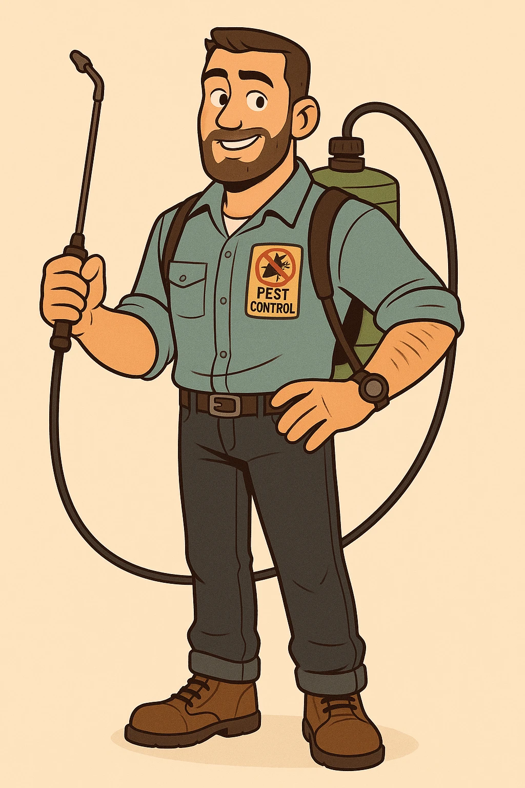 A friendly male pest control technician with short beard and short hair, wearing a light blue uniform shirt with rolled-up sleeves, dark jeans, brown boots, and a black wristwatch. He has a patch on his chest with a colorful anti-pest logo (insects crossed out) and the words 'PEST CONTROL'. He carries a green fumigation tank on his back with a black hose and holds the spray wand in one hand. He has a confident and approachable expression. The illustration should use bold outlines, warm colors, and clean, flat shading style. The background should be simple or light beige, in a cartoon style. emoji