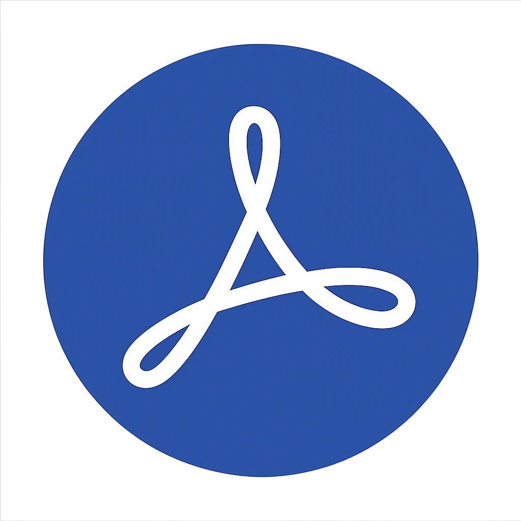 Reimagine the Adobe Acrobat logo in a flat, modern style consistent with the flat blue icon style. Use a blue circular background with a simplified white Acrobat symbol in the center. The design should have clean, simple lines, prioritize clarity and recognizability, and match the style and color palette of other blue circular icons. The background outside the circle should be fully transparent. emoji