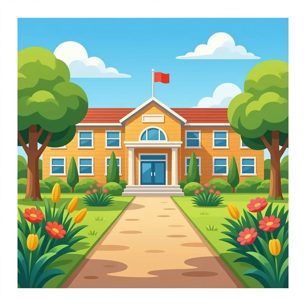 hazme un camino que de a la entrada de una escuela garande con un camino de tierra i que todo lo demas sean plantas i hazlo mas cerca de la escuela emoji