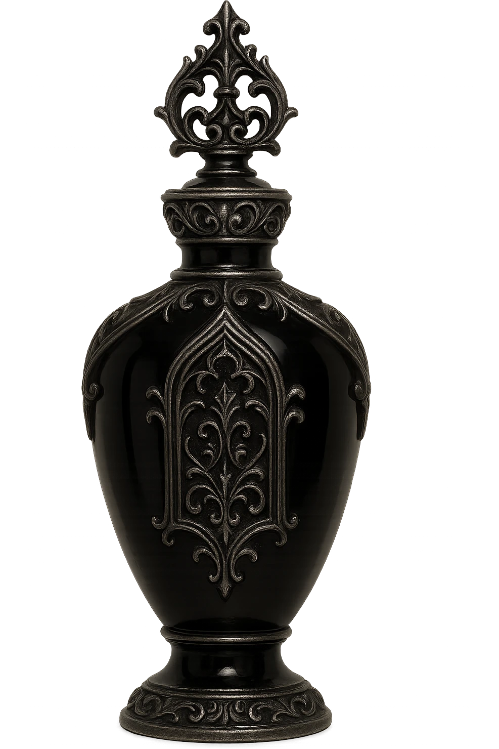 gothic perfume bottle, black glass with silver accents, no background emoji