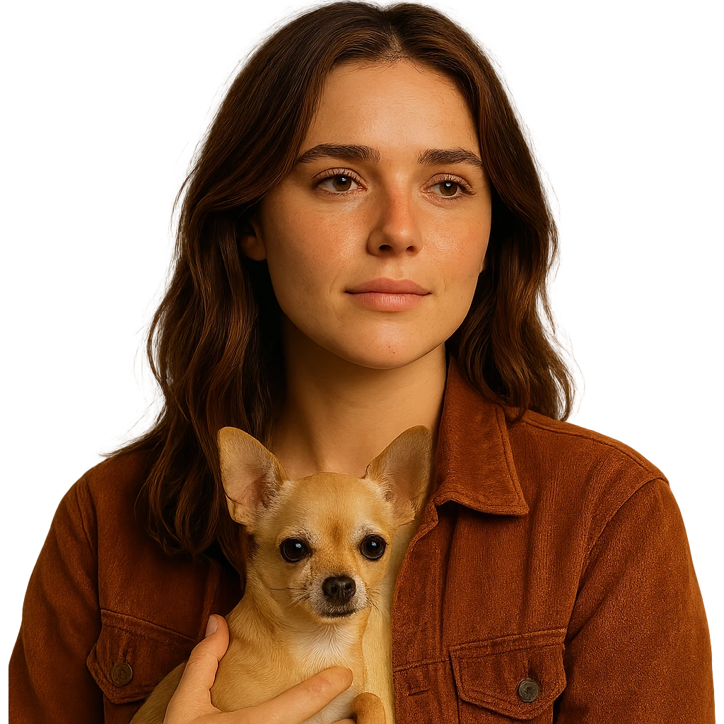 Centered portrait for Instagram profile picture inspired by the facial features visible in the reference images, with a tanned complexion, subtle freckles, shirt color #FFF8CA, rust-colored jacket, medium-length brown hair with auburn highlights, dreamy and peaceful expression, holding a beige-brown chihuahua, Netflix series style, transparent background, intimate Tenerife ambiance. emoji