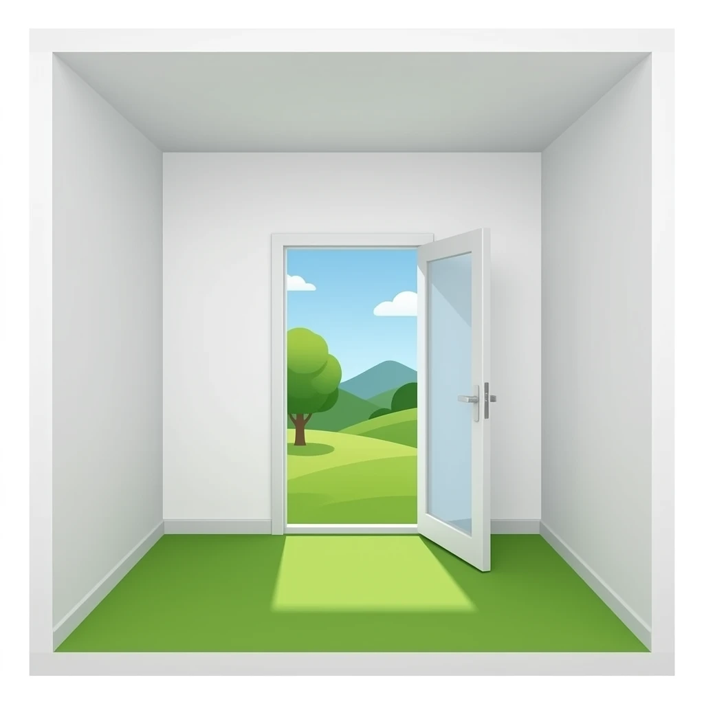 a small white room with a green floor and a glass door emoji