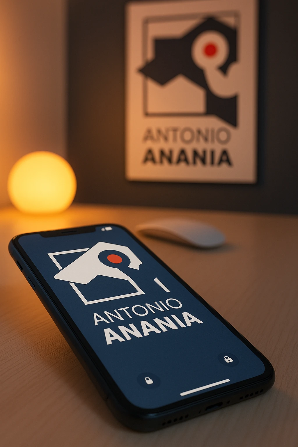 A photo of an iPhone on the desk with the logo of "Antonio Anania" on its screen, The phone sits atop a desk with a blurred with the logo in the background that suggests work environment. A faint glow from above casts gentle shadows across the surface of each object, creating depth and highlighting their textures emoji