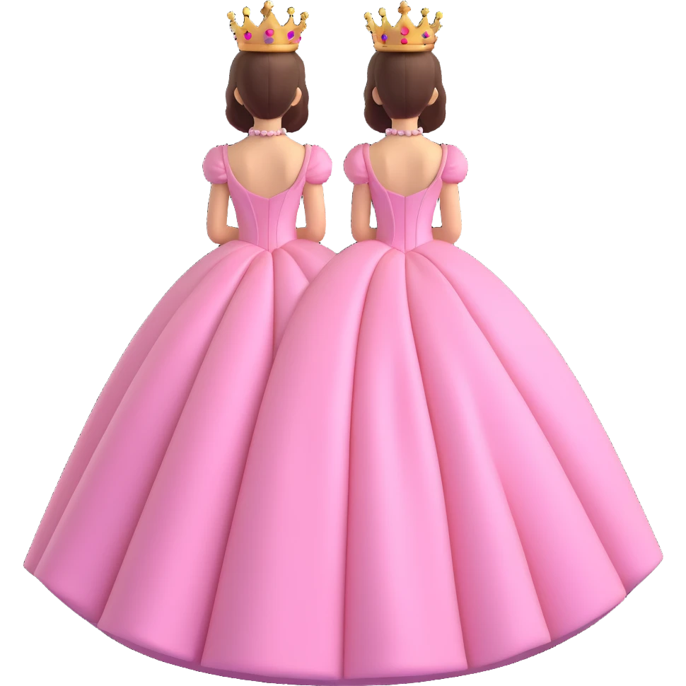 girl in a pink ball gown with a crown, back view, iOS 3D emoji style, shiny and smooth, detailed hair and dress, elegant and charming emoji