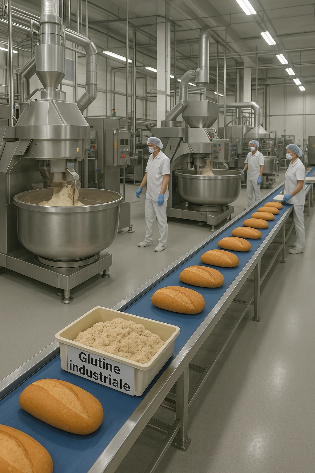 a modern food processing factory interior, with large stainless steel machines mixing and kneading dough. In the foreground, a conveyor belt carries loaves of bread and trays of raw gluten, labeled “Glutine industriale” Workers in uniforms and hairnets monitor the process. The atmosphere is clean, efficient, and slightly clinical. emoji