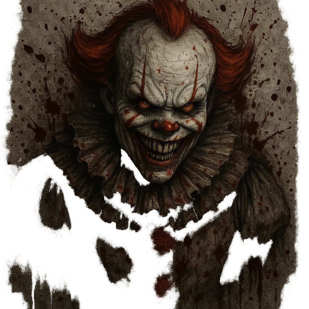 Evil clown with Pennywise features, menacing smile, blood splatter, horror style, dark and creepy emoji