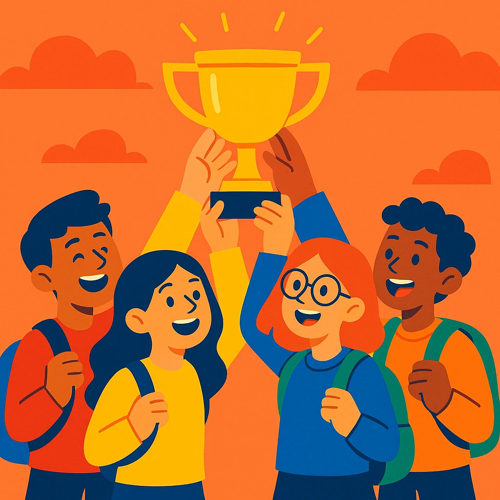 four students lifting a trophy, warm atmosphere, modern illustration style, bright colors emoji