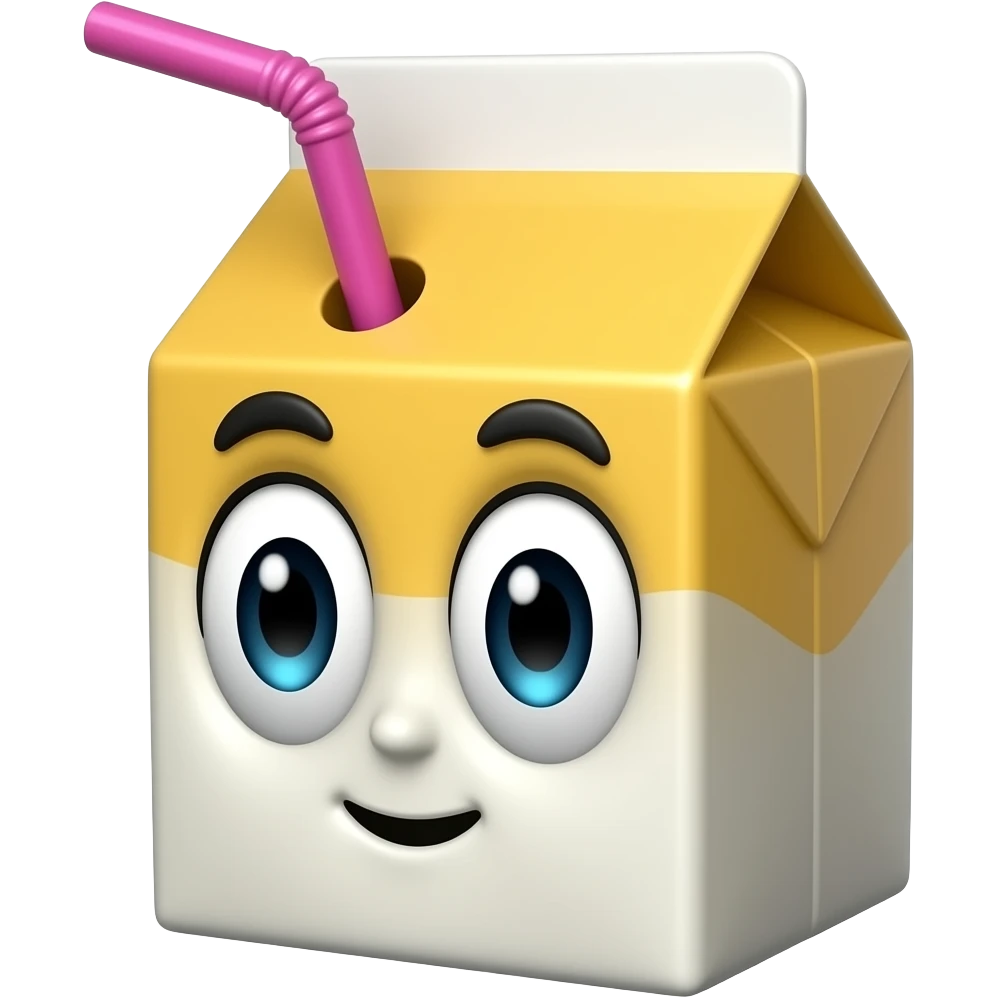 Juice box without a mouth and wide eyes looking to the side with a hot pink straw emoji