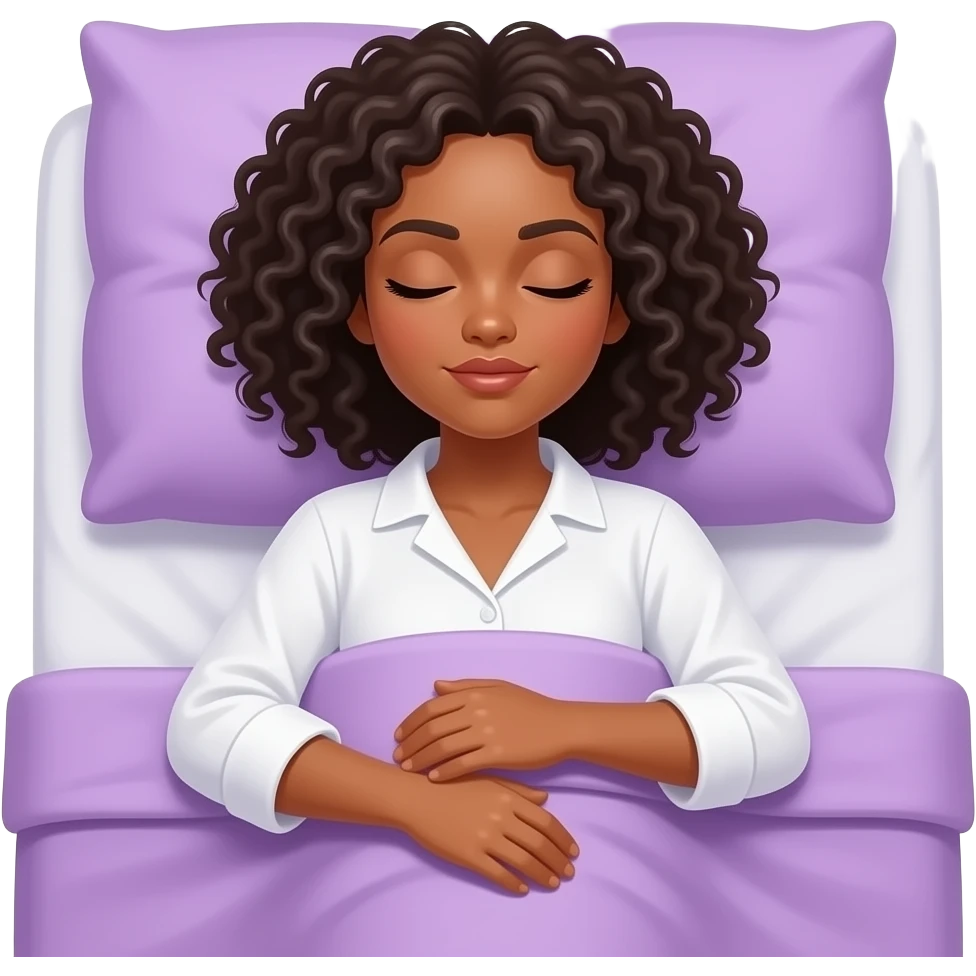 Morena com cabelo cacheado tipo 3c um pouco abaixo do ombro dormindo numa cama com uma blusa branca e o lençol lilas sexy emoji