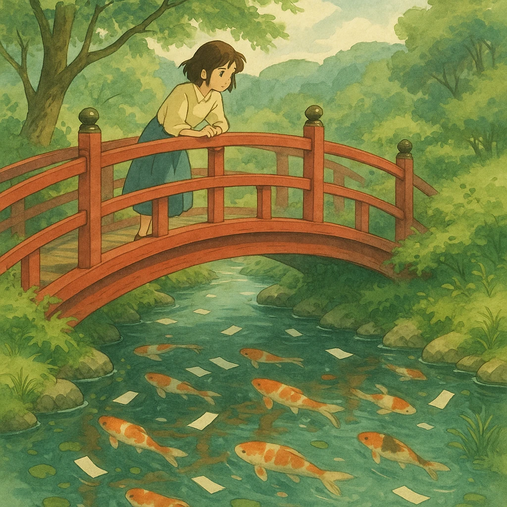 Bridge crossing a koi-filled stream with floating paper wishes. emoji