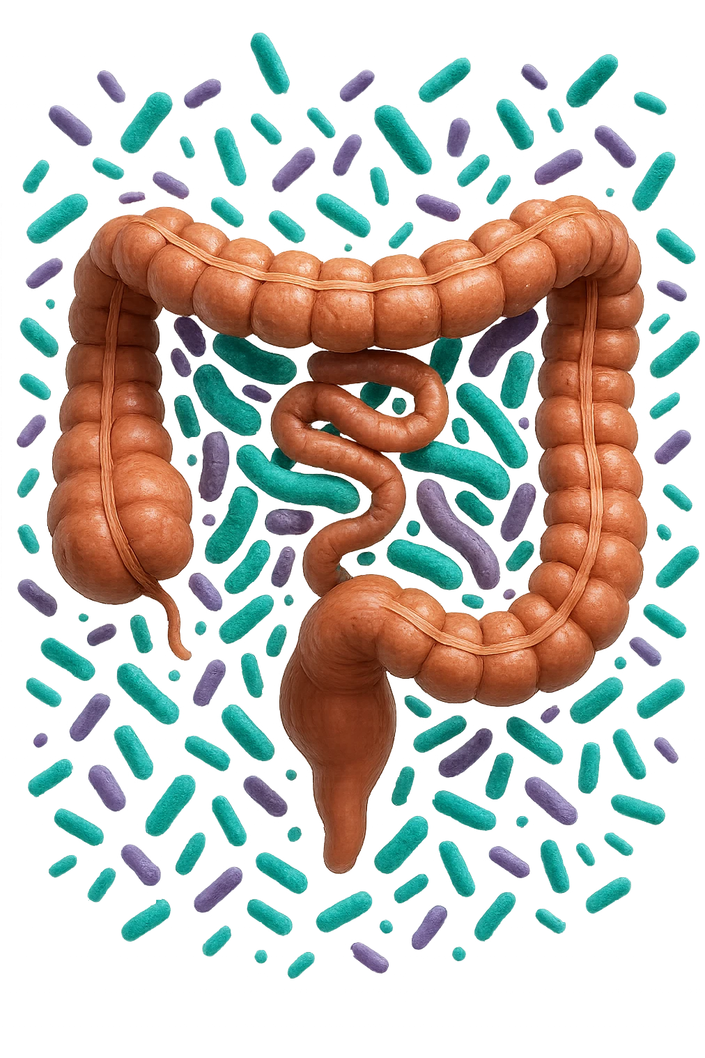 intestino umano anatomico realistico pieno di batteri intestinali viola e turchesi che gli fluttuano intorno, IPERREALISTICA 4K emoji