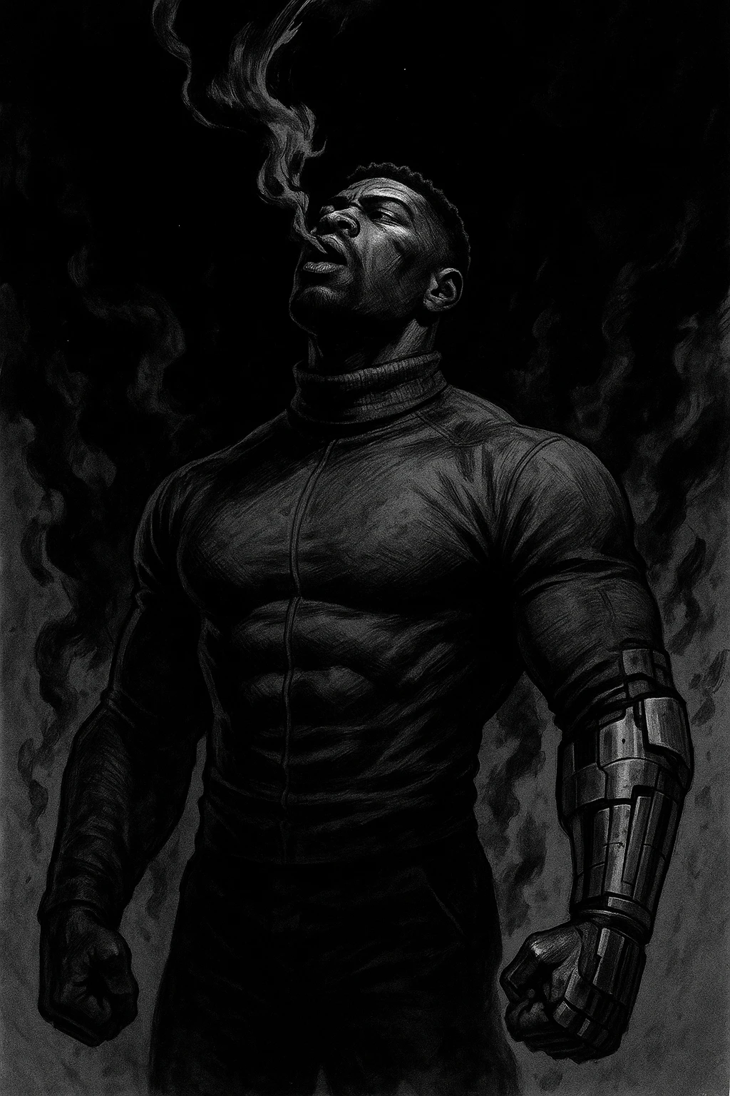 Black and white comic book panel of an extremely muscular African American man with cybernetic implants standing in the dark, surrounded by smoke. He is wearing a long-sleeved shirt with a high collar, and his chest is sculpted. emoji