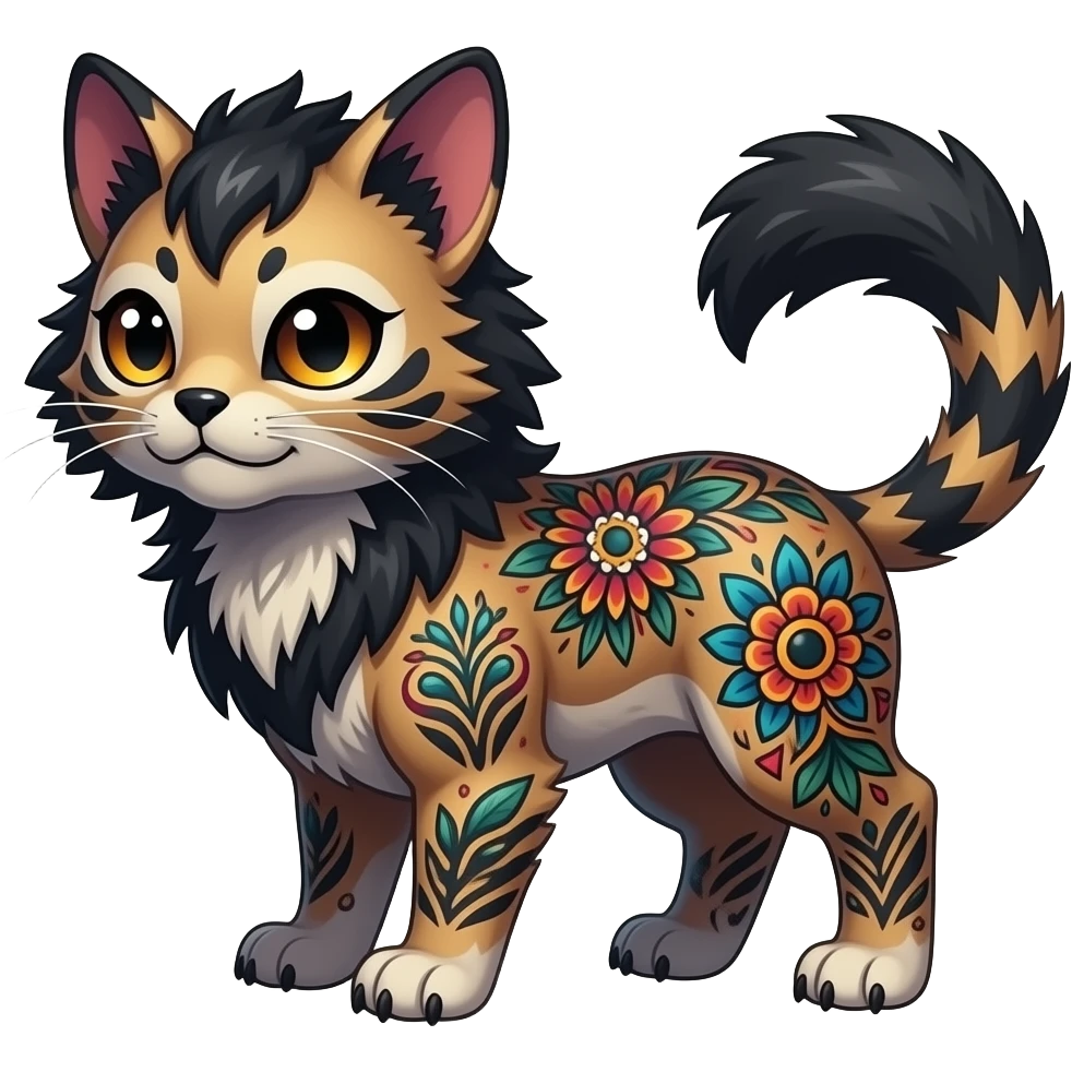 Rare warm-colored exotic gloomy tropical edgy cute epic aesthetic spooky gothic colorful Salandit-Noibat-Civet-species-Fakemon-hybrid-creature, with tribal tattoo markings, full body emoji