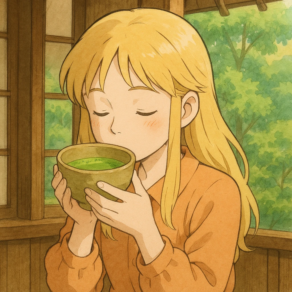 blonde girl drinking matcha, ghibli style emoji