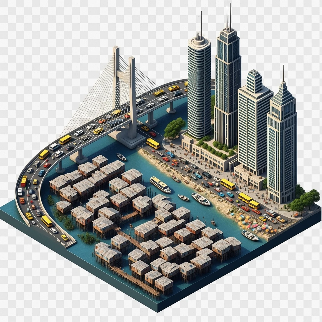 Isometric miniature of Lagos Lekki-Ikoyi Bridge, Eko Atlantic skyscrapers, Makoko slums, tin-roof shacks, chaotic markets, gridlocked traffic, 3D miniature effect and Tilt Shift effect, no cartoonish look, transparent background, don't cut angles emoji