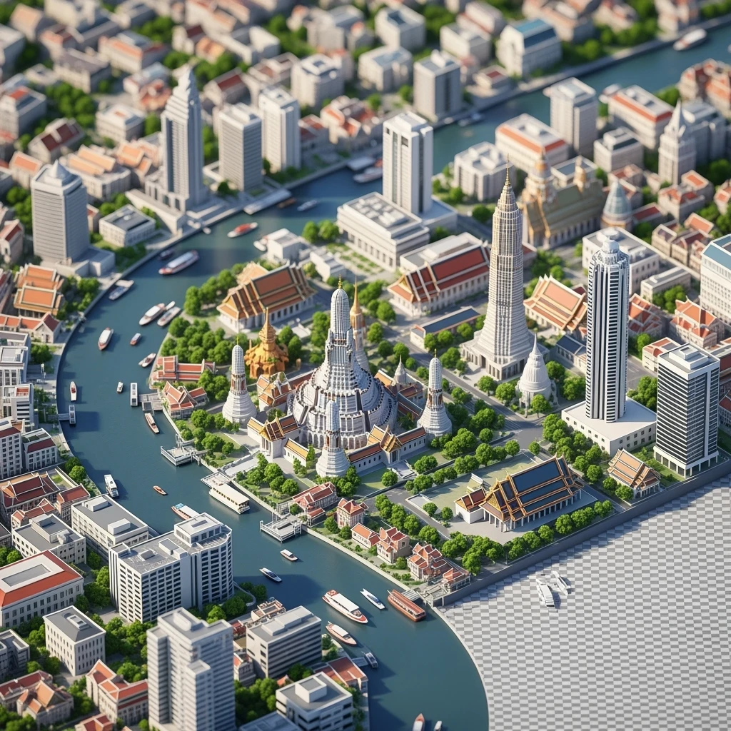 Isometric miniature of Bangkok 3D miniature effect and Tilt Shift effect, no cartoonish look, transparent background. emoji