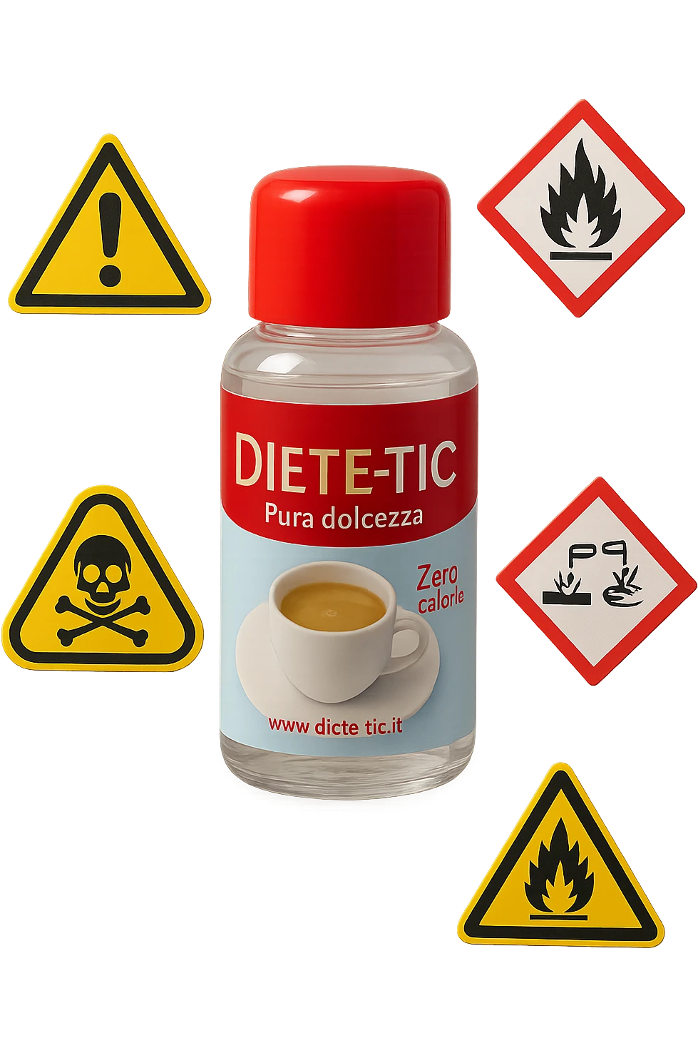 BOCCETTA DI DOLCIFICANTE LIQUIDO CON LA SCRITTA "DIETE-TIC" SULL'ETICHETTA FLUTTUA IN ARIA INSIEME A SEGNALI DI PERICOLO 3D emoji