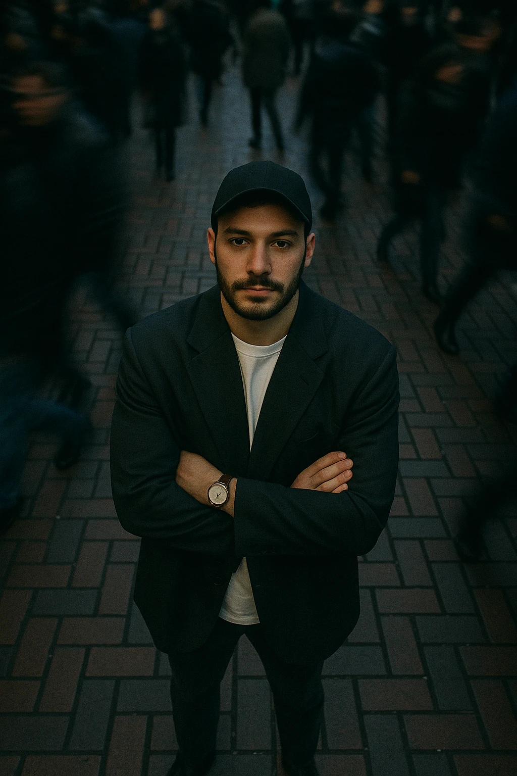 overhead shot of me standing still on a brick city sidewalk, wearing a dark oversized blazer,
motion-blurred crowd rushes past around me. Moody lighting, 35mm film look, shallow depth of field, sharp focus on me. emoji