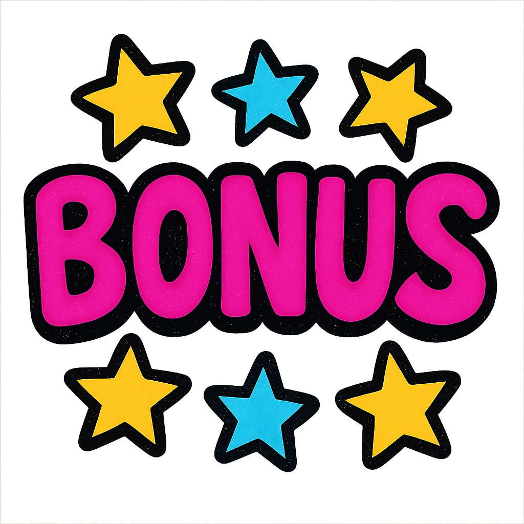 the word BONUS in large letters, all the same vibrant color, surrounded by stars, no background or sign behind, just the letters and stars, vibrant cartoon style emoji