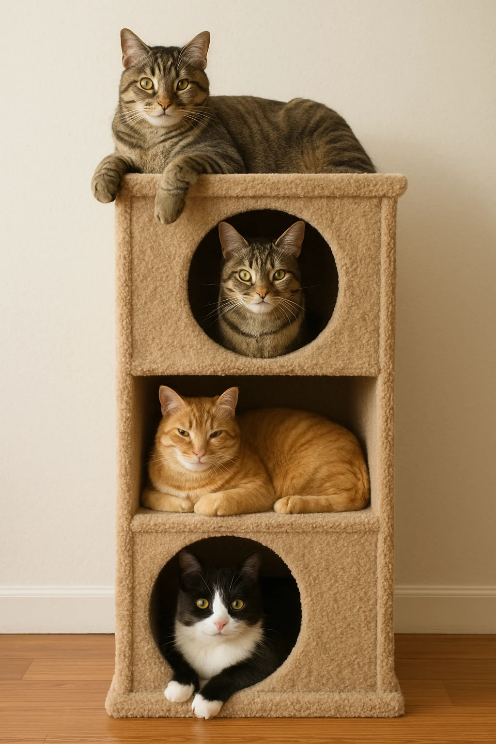 cats relaxing in a vertical playhouse emoji