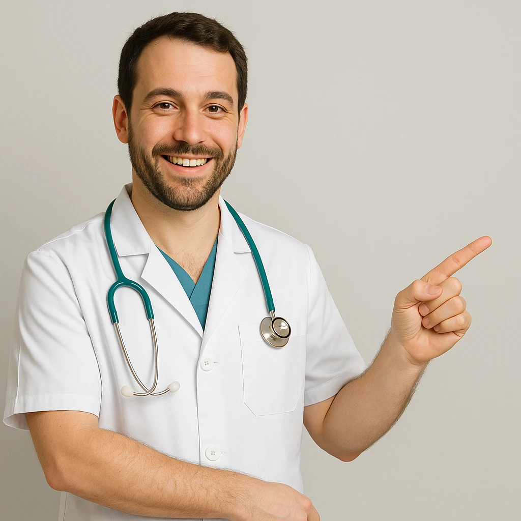 doctor pointing, clean medical uniform, friendly expression, simple background emoji
