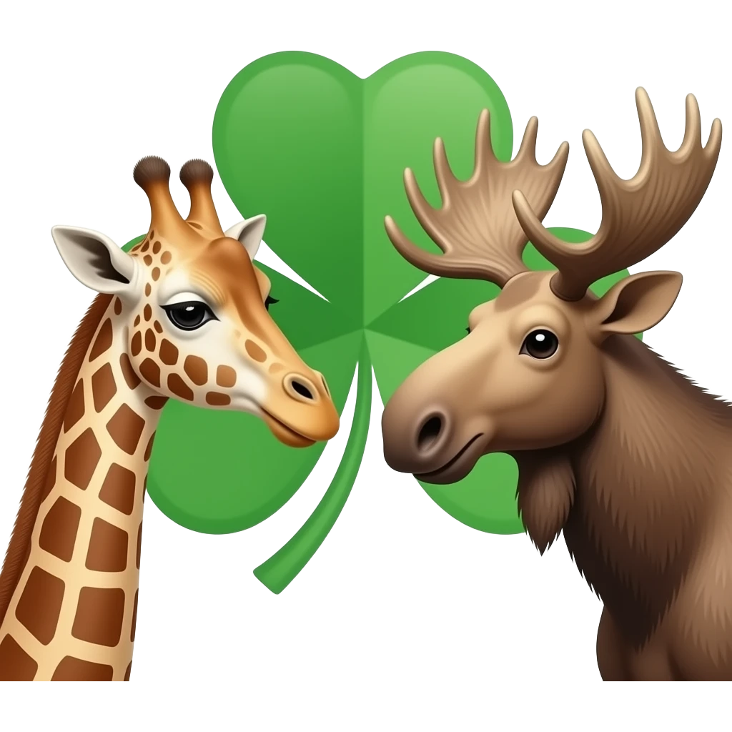 Giraffenkopf und Elchkopf schauen sich an und ein Kleeblatt emoji