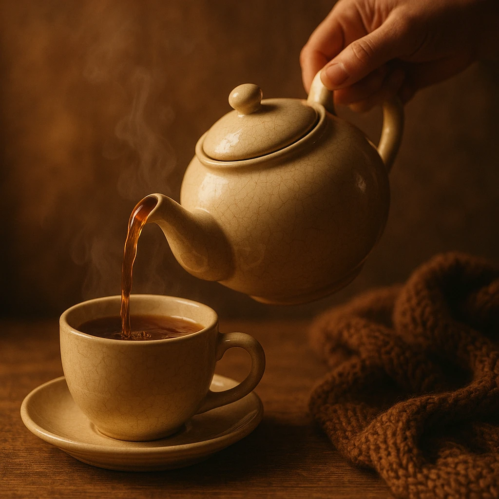 a teapot pouring tea into a cup, warm and cozy feeling emoji