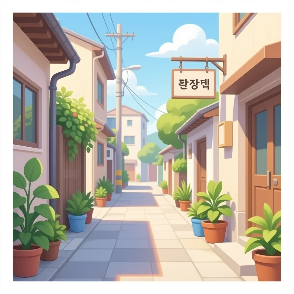 aesthetic korean alley emoji, cozy narrow street with plants, small hanging sign, warm sunlight, soft pastel colors, glossy smooth texture, minimal style emoji