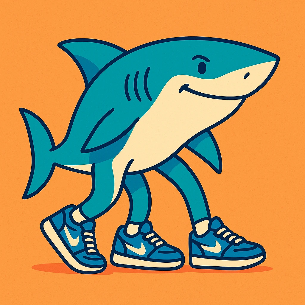 a shark with three legs, last leg near the back fin, wearing blue Nike shoes, closed mouth, clean modern illustration style emoji
