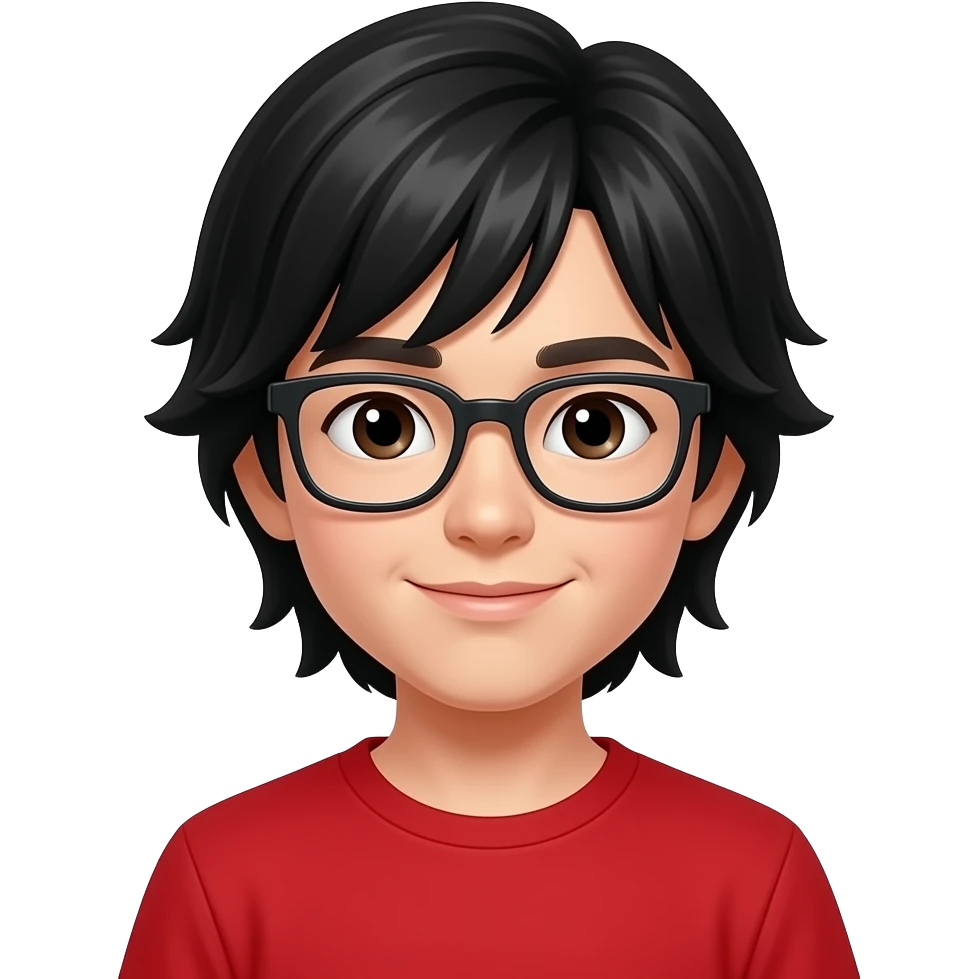boy with black mid legnth hair and glasses on red shirt emoji