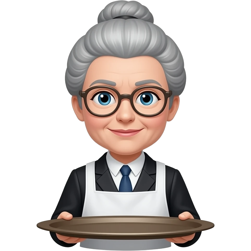 Mrs. Hudson icon, apron, gray bun hair, tray emoji