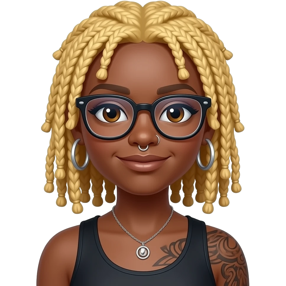 Black girl with blonde locs, glasses, nose piercing,  hoop earrings and tattoo emoji