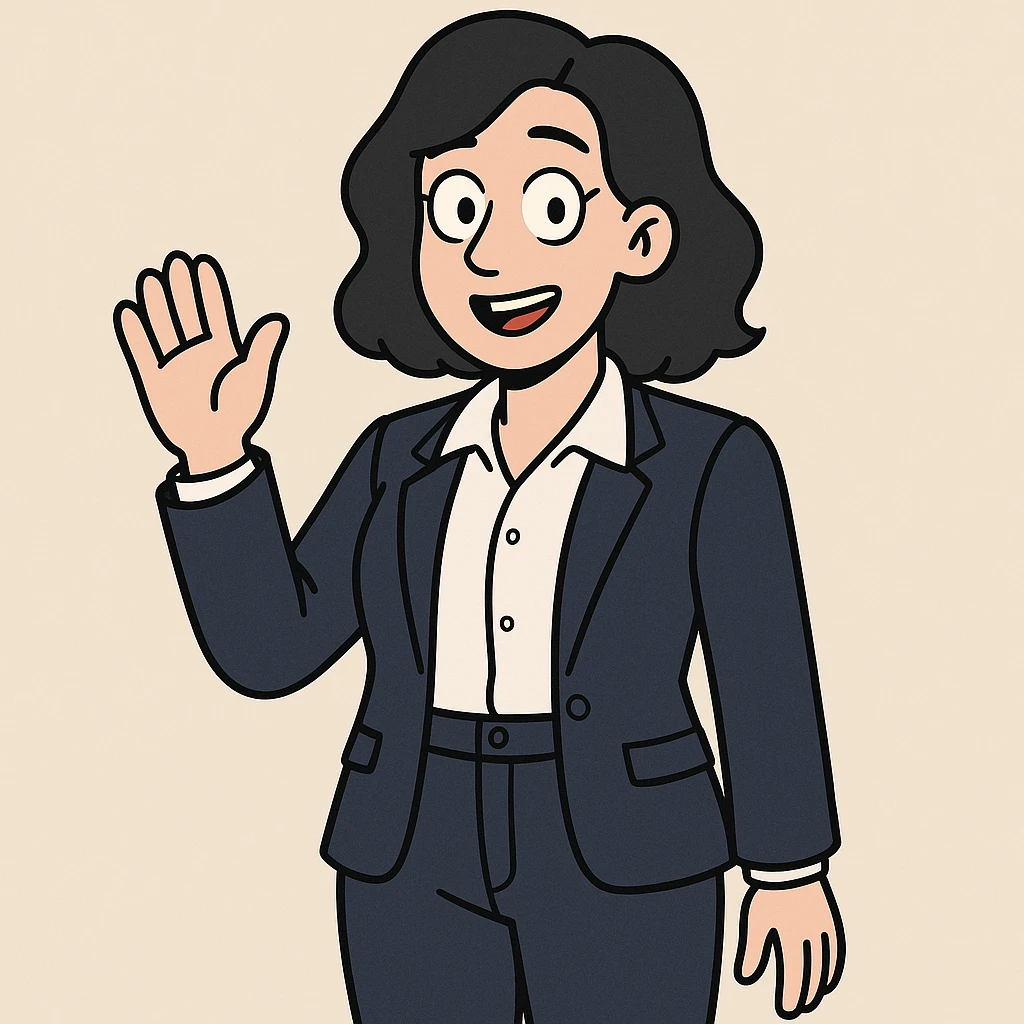 A woman black hair white Villeta Herringbone Shirt Navy Cannes Tailored Fit Jacket jackets Navy Rosalind High Waist Trouser a hand say hello emoji