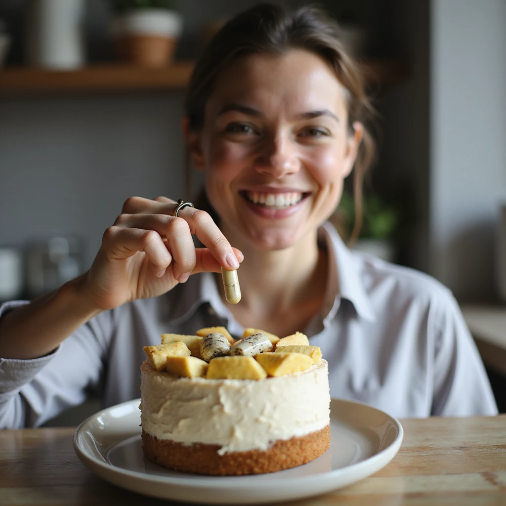 realistic image of a person placing a dietary supplement capsule on a cake or a plate of healthy food, satisfied expression, creative details, modern environment emoji