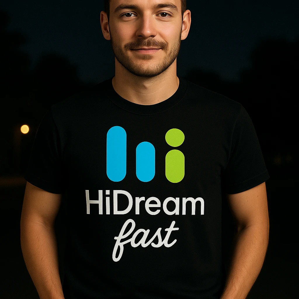 man wearing tshirt with this logo, dark night background with dim , add fast below logo emoji