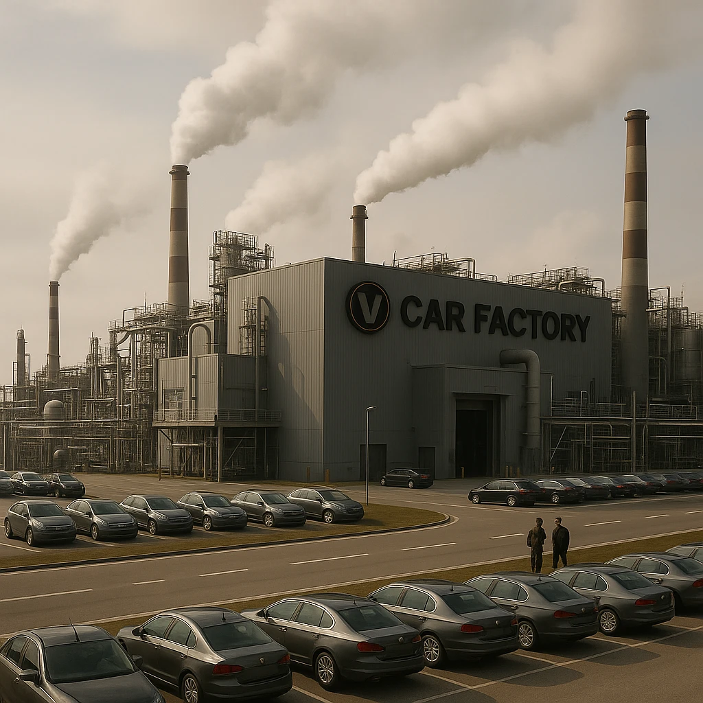 Realistic car factory exterior, large industrial building with smokestacks, parking lots filled with cars, factory grounds with machinery and equipment, realistic lighting and shadows, industrial atmosphere, workers in uniforms walking around, company logo on the building emoji