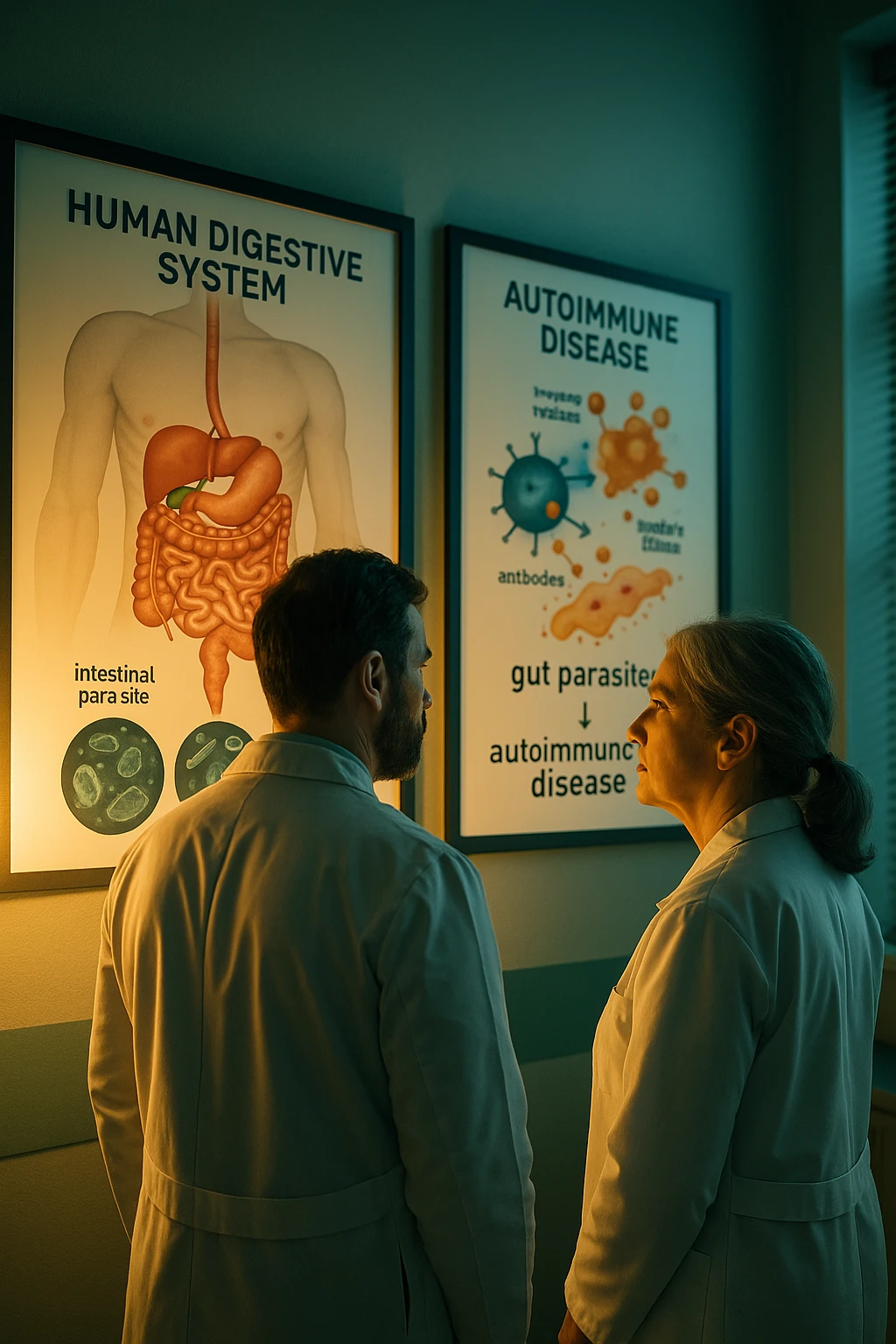 Realistic, detailed photo taken from behind of two doctors—a bearded man and a middle-aged woman—standing side by side in a modern medical office, intently studying a large, illuminated medical chart on the wall. The chart displays a detailed diagram of the human digestive system, highlighting the intestines and showing microscopic images of intestinal parasites. Next to it, another chart illustrates the immune system attacking healthy tissues, visually connecting gut parasites to autoimmune disease mechanisms. The room is bathed in a single green-blue color, with a warm, yellow-orange light casting soft shadows around the doctors. Both wear white coats and have serious, focused expressions, suggesting a deep discussion about the root causes of autoimmune conditions. Shot with a Canon EOS R5, with high detail, natural depth of field, and a clinical yet dramatic atmosphere. emoji