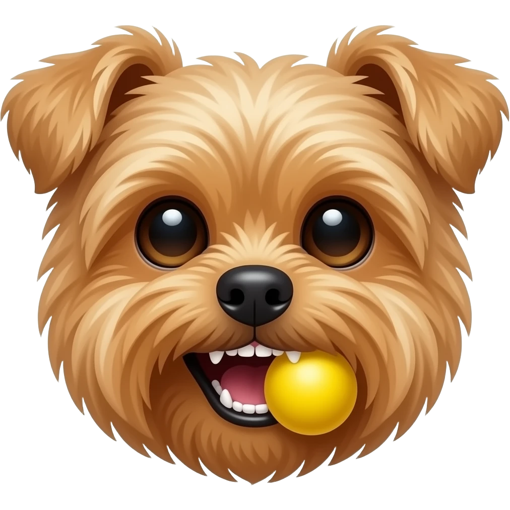 Droopy long ear yorkie face with yellow ball in mouth teeth showing emoji