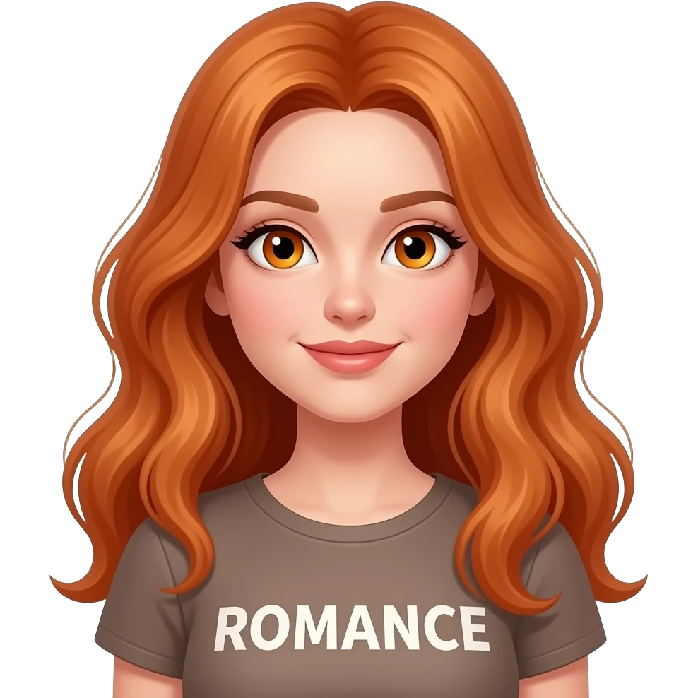 sexy girl with long ginger hair and ginger eyes a top with ROMANCE written on it emoji