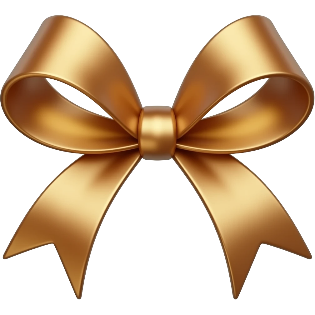3D icon of a miniature dainty ribbon bow, metallic bronze color with a satin-like sheen, thin elegant loops, warm gold undertones, isolated on transparent background, perfect to adorn a gift or candy, photorealistic rendering emoji