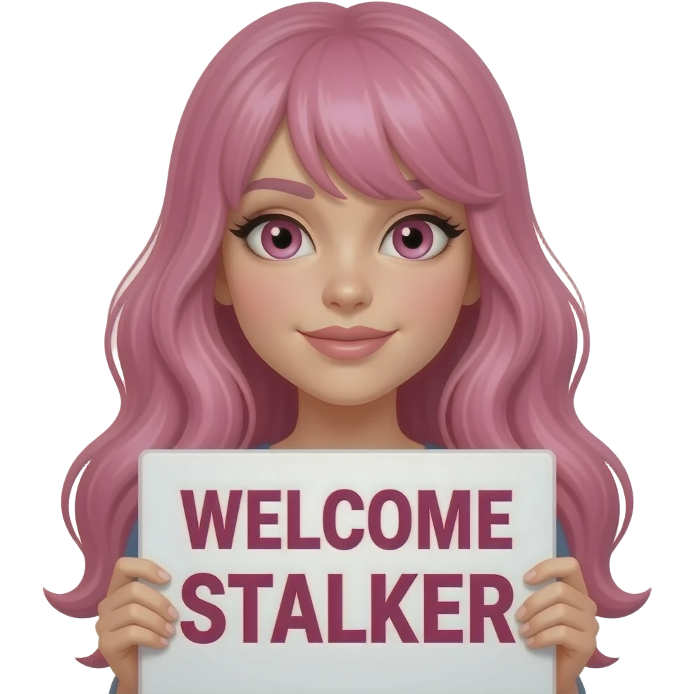 sexy girl with long pink hair and pink eyes wearing a holding a WELCOME STALKER sign emoji