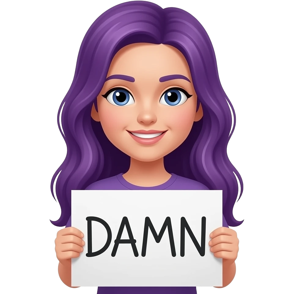 girl with long purple hair with a DAMN... sign emoji