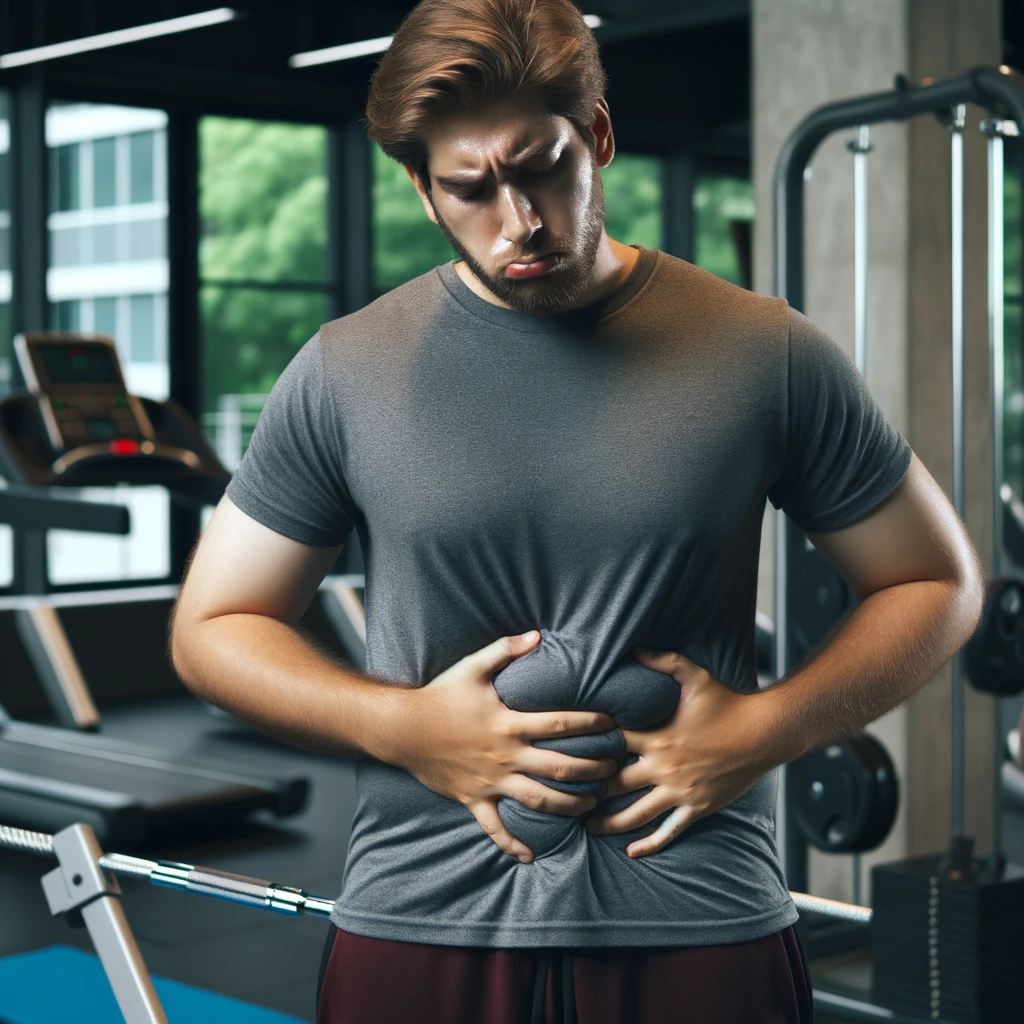 UOMO IN PALESTRA LEGGERMENTE SOVRAPPESO, SI TOCCA LA PANCIA CON ESPRESSIONE DISPIACIUTA IN VOLTO, iperrealistico 4k emoji