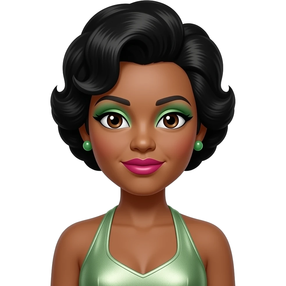 Cindy Birdsong from The Supremes with dark brown eyes, black beehive hair, light green eyeshadow, hot pink lipstick, light green metallic halter dress, green earrings emoji