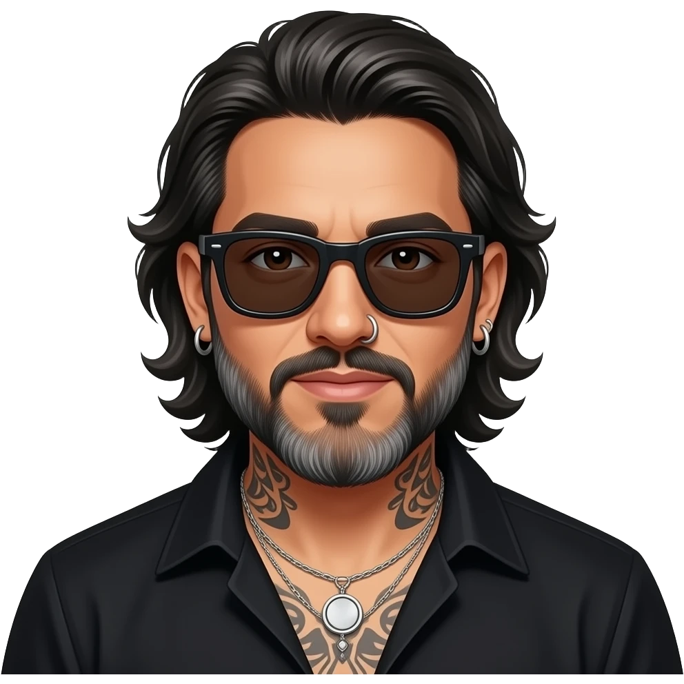 The handsome manly Latino podcast host with medium length hair, a long slightly graying beard and tattoos with his ears pierced 1 time each ear and a nose ring on the right side, dark brown eyes, wearing black, dark sunglasses, and jewelry, singing emoji