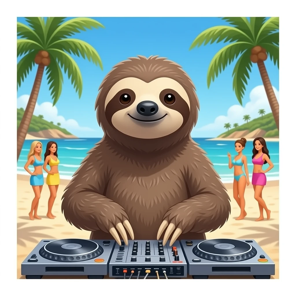 sloth as a DJ on the beach and beautiful girls ibiza emoji