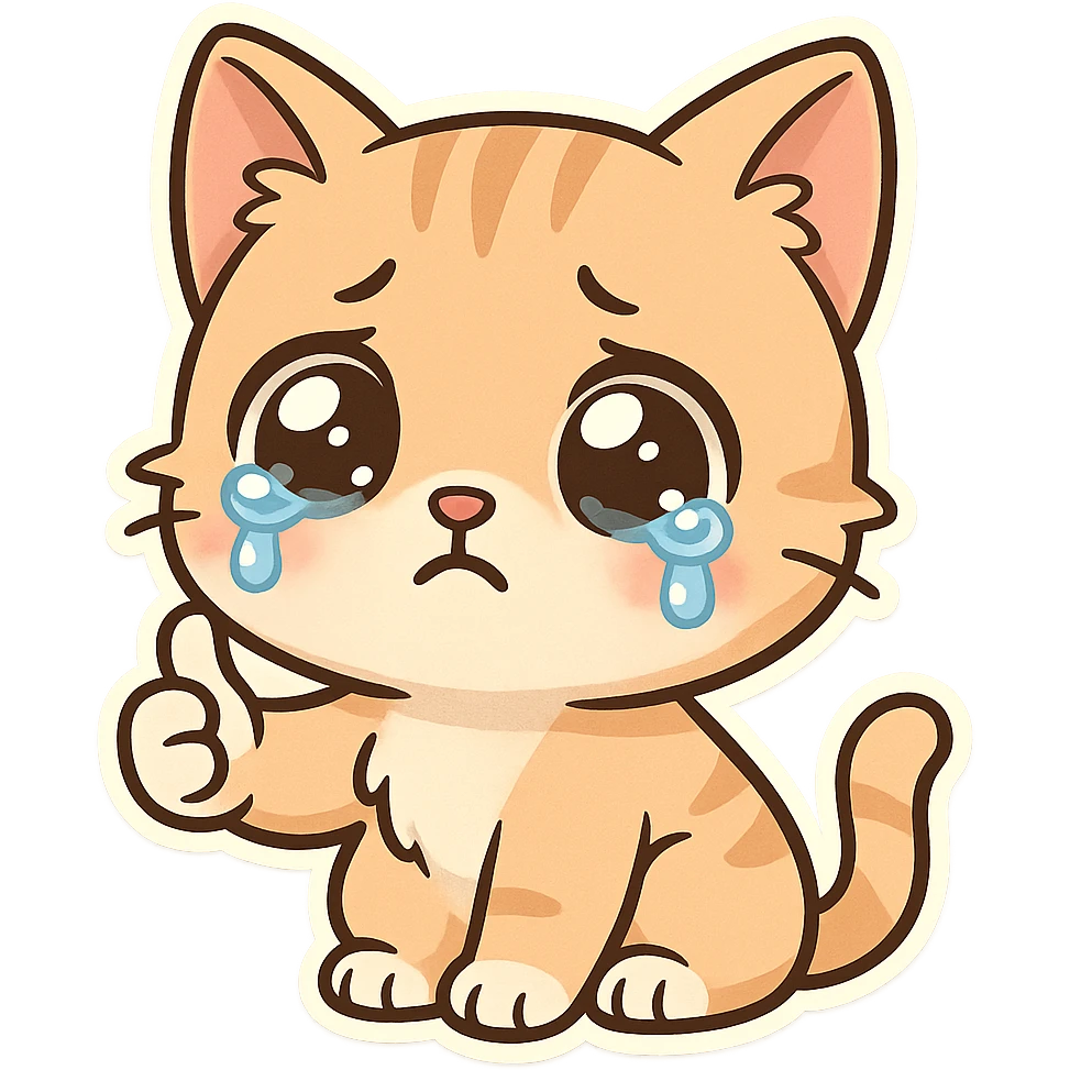 A kitten with tearful eyes, giving a thumbs up emoji