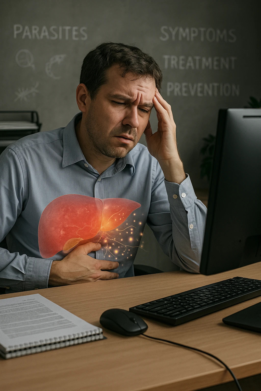 Man sitting at office desk experiencing subtle symptoms of liver dysfunction, upper abdominal pain, nausea, and unexplained fatigue Parasites: Types, Symptoms, Treatment & Prevention, expression of confusion about vague health issues, liver shown in transparent overlay with early inflammation, toxins beginning to accumulate in bloodstream, productivity declining as liver struggles to filter properly emoji