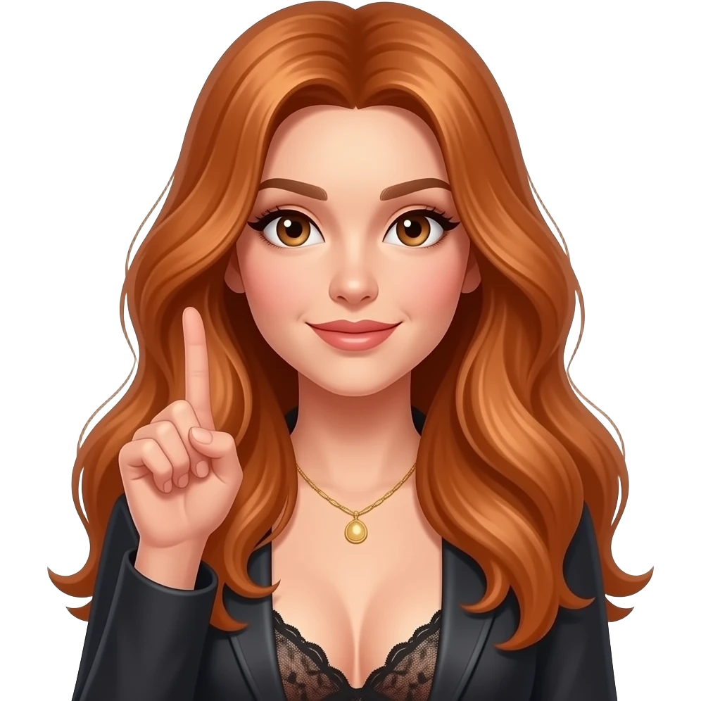 copper longer hair, sexy outfit, brown eyed female doing the move “periodt.” with her finger emoji
